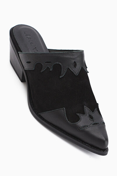 Limoya Annika Genuine Leather Black Embroidered Women's Slippers