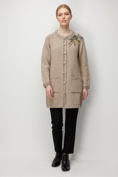 Desen Triko Women's Stand Collar Embroidered Shoulder Buttoned Wool Coat Dark...