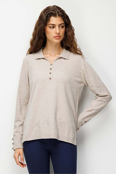 Desen Triko Women's Polo Collar Knitwear Blouse with Buttons on Front and Sle...