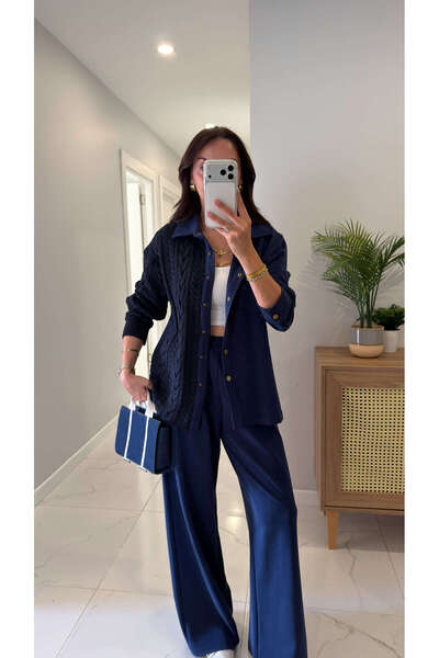 BİRCANÇİL Noris Navy Blue Knit Detailed Knitwear Pants Set