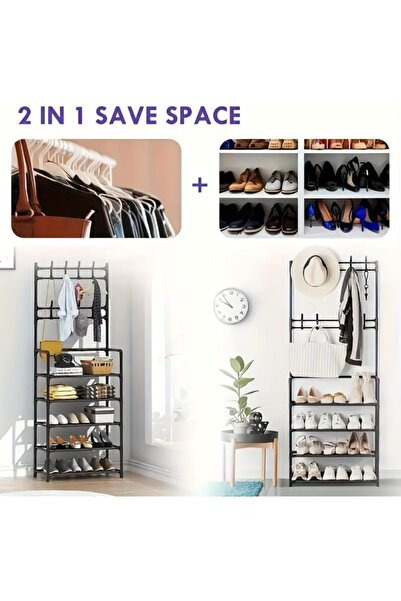 Sumkyle Versatile Shoe Coat Metal Rack,Detachable Hooks, Multi-Layer, Free-Standing Storage for Home & Apartment