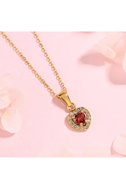 Peach Jewelry Μενταγιόν Καρδιά Με Κόκκινο Κρύσταλλο Και Λευκά Ζιρκόν Ανοξείδω...