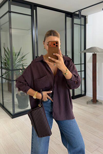 Sezgi Tekin Mürdüm Oversize Cepli Modal Gömlek