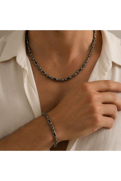 Ahamelia Jewelry 925 Ayar Gümüş Premium Zirkon Taşlı Erkek Set