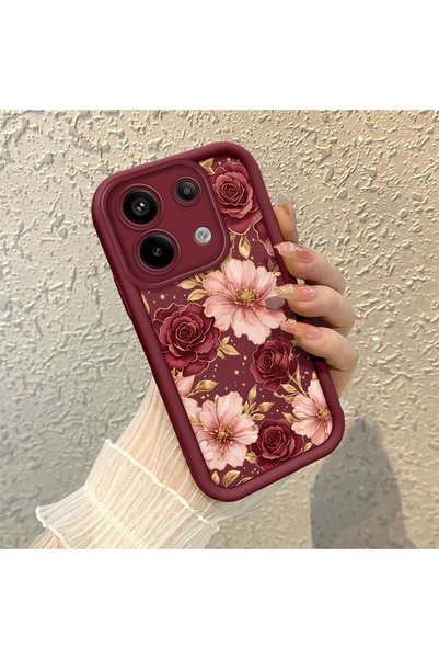 ARTISHELL Redmi Note 13 Pro 5G Uyumlu İnce Hafif Şarap Kırmızı Çiçekli Telefo...