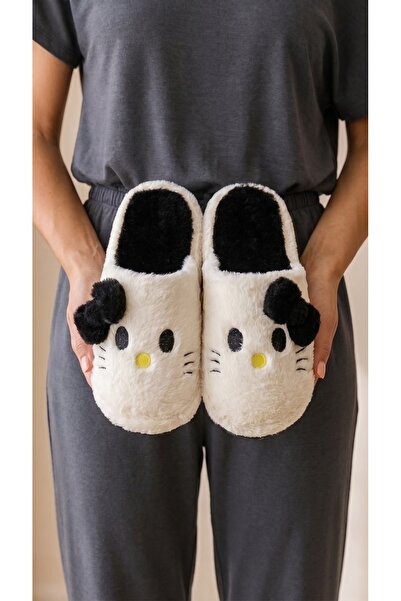 Beyond Women's Black Hello Motif Furry House Slippers 3 cm Byndti̇mjhk01