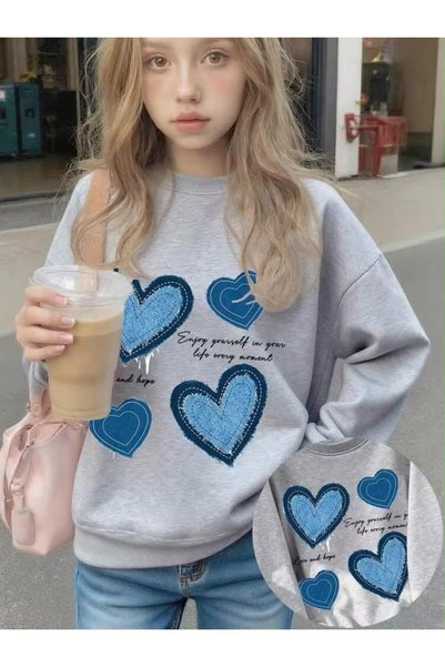 MORNİNG KİDS Girl's Blue Hearts Printed Crew Neck Gray Sweatshirt