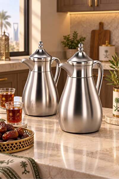 Generic طقم ترامس شاي وقهوة فضي غميق من الستانلس ستيل المقاوم للصدأ – بريق مت...