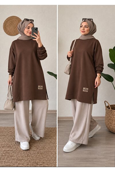 Madmy Kadın Oversize Uzun Kollu Basic Sweatshirt Tunik Kahverengi Rahat Kesim...