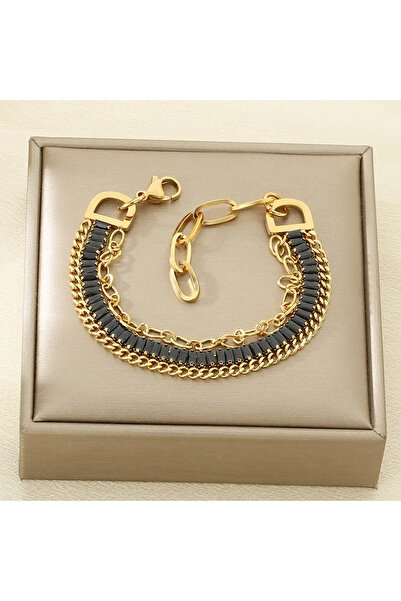 Peach Jewelry Τριπλό βραχιόλι με αλυσίδα και σειρά ορθογώνιων μαύρων ζιργκόν,...