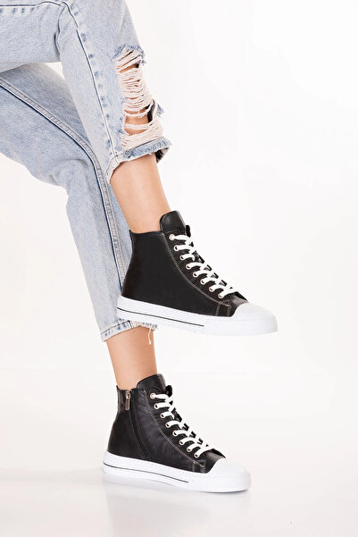 Gondol Women's Genuine Leather Daily High Ankle Sneaker Flf.671 Black