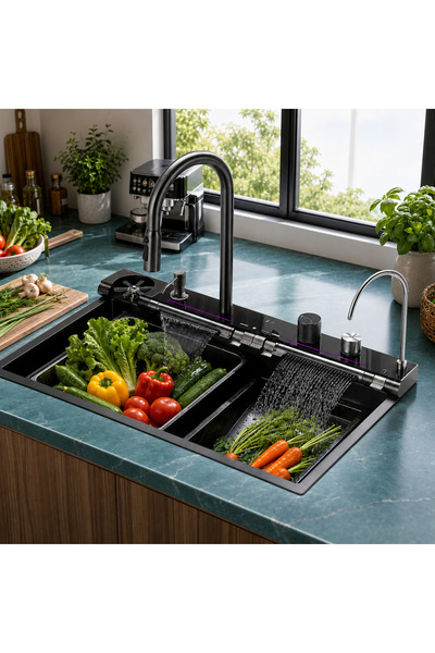 Vivendo Kitchen Sink Set with LED Display Pull-out Shower Mixer 2 Waterfalls ...