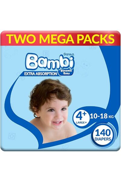 Sanita Bambi Baby Diapers Mega Pack Size 4+, Large plus, 10-18 KG, 140 Count ...