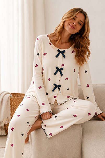 ELİTOL Reported Viscose Bow Detailed Overlocked Round Neck Long Sleeve Patter...
