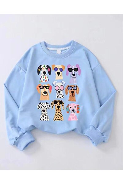 MORNİNG KİDS Girl's Sweet Dogs Printed Crew Neck Baby Blue Sweatshirt