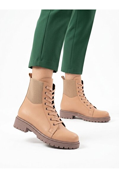 Gönbeler Women's Nude Lace-Up Zippered Boots Non-Slip Comfortable Fit Flexibl...
