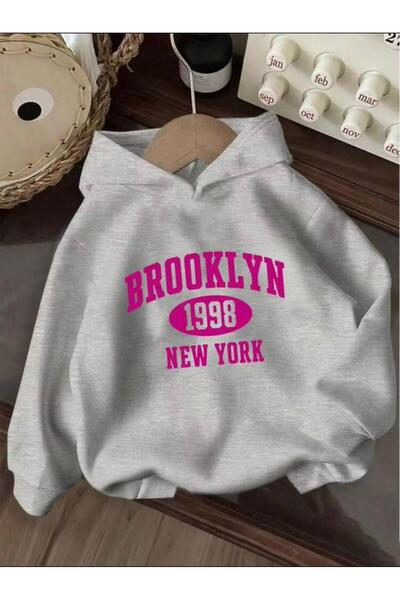MORNİNG KİDS Kız Çocuk 3'lü Paket Kapşonlu Boston Brooklyn Los Angeles Baskılı Sweatshirt (Pembe-Siyah-Gri)