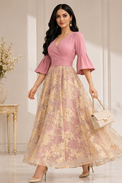 Stylish Fashion فستان من ستايلش فاشن تركي راقي طويل بقماش من التفتة والجاكار