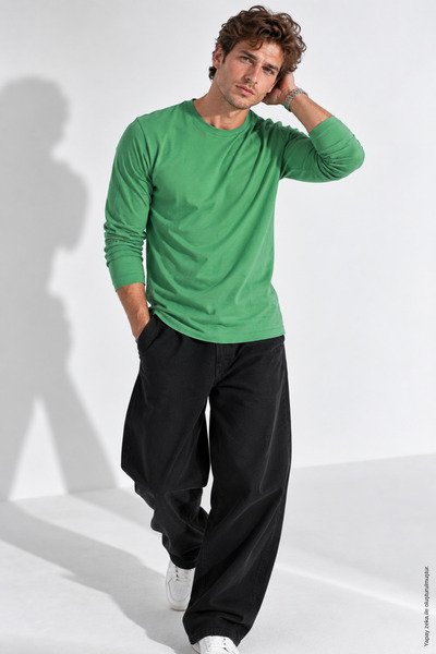 Rich Men's Crew Neck Green Body 100% Cotton Long Sleeve T-Shirt