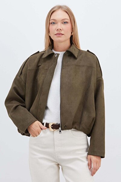 Fulla Moda Zippered Polo Neck Suede Bomber Jacket