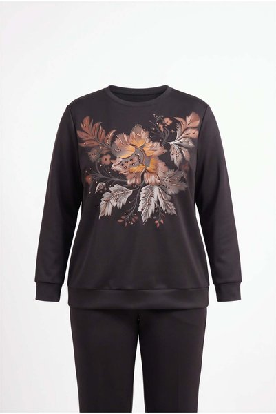RMG Special Print Detailed Large Size Modal Sweatshirt Black