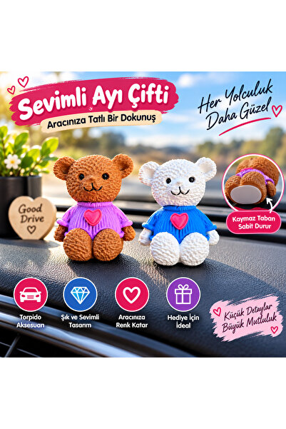 STS Oto Aksesuar Sevimli Ayıcık Çift Torpido Süsü Araç İçi Dekoratif Aksesuar...