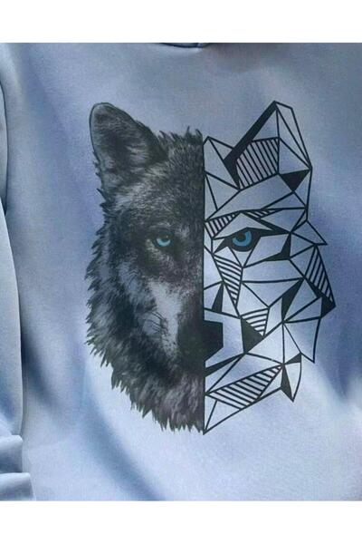 MORNİNG KİDS ERKEK Çocuk Kapşonlu KURT Baskılı Sweatshirt (BEBE MAVİ)