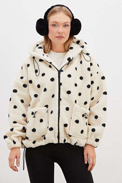 Fulla Moda Polka Dot Hooded Plush Coat with Stopper