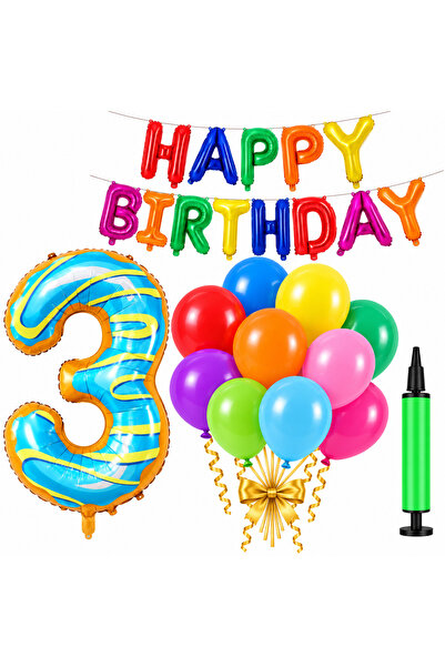 genaja Set Baloane Aniversare Happy Birthday Multicolor + Cifra 3 Donut, 10 B...