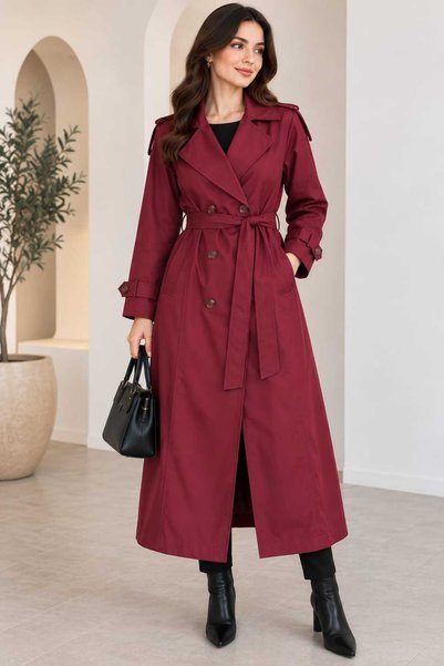 GİYİYORUM Women's Kruvaze Yka Belted Long Trench Coat - with Buttons and Belt
