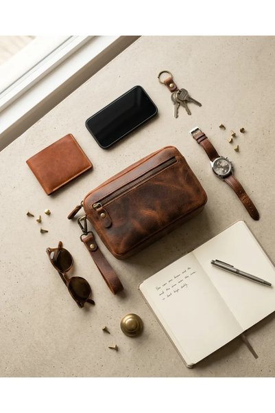 Generic Brand Genuine Leather Men's Hand and Wrist Bag - Zippered Vintage Tan Wallet & Phone Bag 19X13 cm