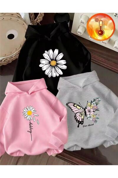 MORNİNG KİDS Kız Çocuk 3'lü Paket Kapşonlu Papatyalar ve Kelebek Baskılı Sweatshirt (Pembe-Siyah-Gri)