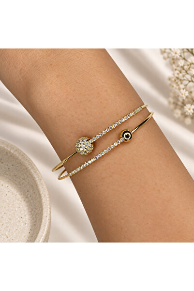 Yonida Jewelry Zirkon Taşlı Top ve Nazar Boncuk Detaylı Çift Sıra 14K Altın R...