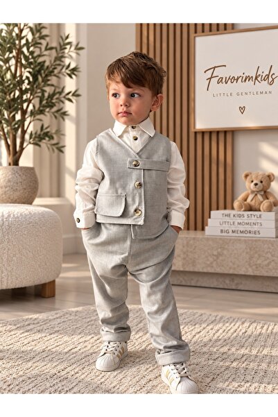 favorimkids Boy's Gray Side Vest, Shirt and Trousers 3-Piece Special Occasion...