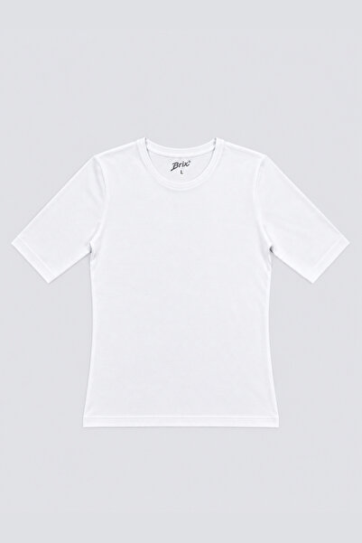 Brix Kadın Modal Pamuklu Bisiklet Yaka Dirsek Kol T-Shirt Beyaz
