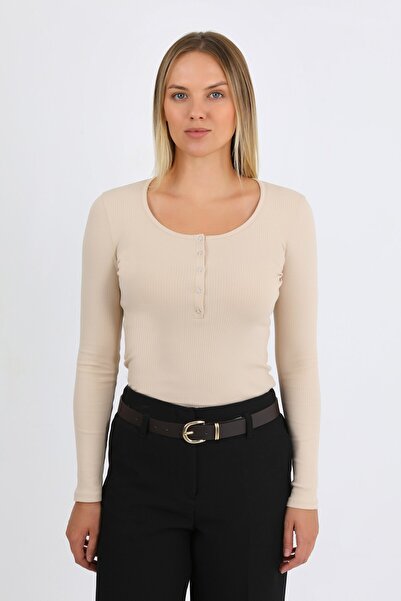 HDM Kadın Bej Uzun Kollu Fitilli Patlı Çıtçıtlı Basic Örme Bluz - H6172