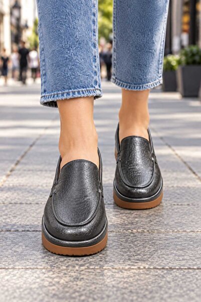 Oneka Shoes Kadın Günlük Loafer Antrasit Baskılı Rugan 080926KLARK1143