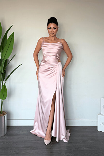 giyimmasalı Satin Fabric Shawl Detailed Evening Dress - Pudra