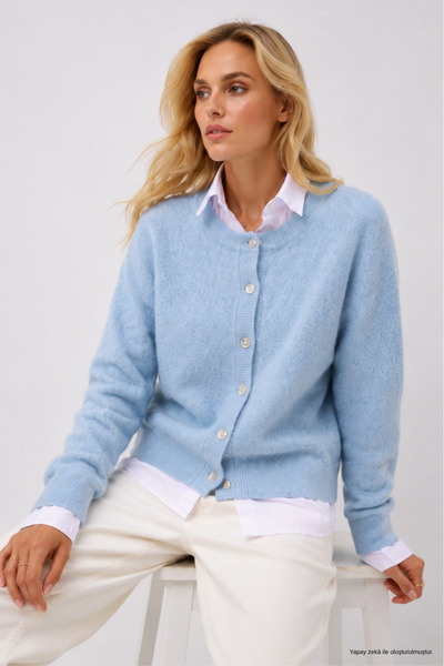 WILD BEE Women's Blue Soft Textured Buttoned Knitwear Sweater