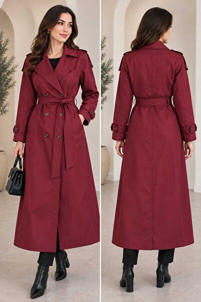 GİYİYORUM Women's Kruvaze Yka Belted Long Trench Coat - with Buttons and Belt