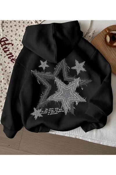 MORNİNG KİDS Kız Çocuk Kapşonlu Gri Sırt YILDIZ Baskılı SİYAH Sweatshirt