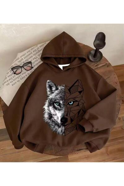 MORNİNG KİDS ERKEK Çocuk Kapşonlu Kurt Baskılı Kahverengi Sweatshirt