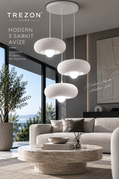 Trezon 3’lü Sarkıt Avize Modern Tasarım Dekoratif E27 Beyaz LED Ampul Hediyeli