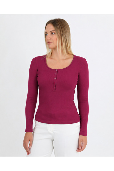 HDM Kadın Bordo Uzun Kollu Fitilli Patlı Çıtçıtlı Basic Örme Bluz - H6172
