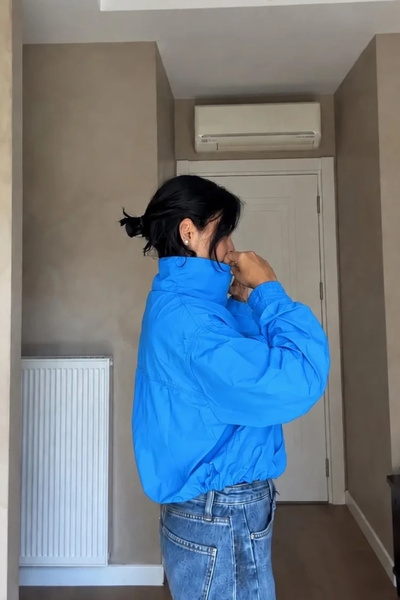 Eka Women's Blue Stand Collar Parachute Fabric Snap Fastener Bomber Jacket 4021