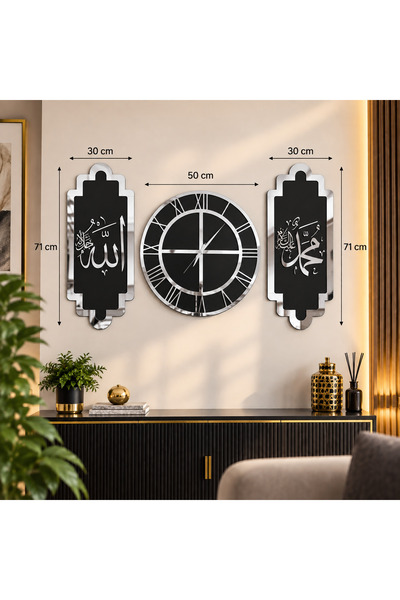 Formiqra 3’lü Duvar Saati Seti 50 cm – Siyah MDF Gold ve Gümüş Pleksi Dekorat...