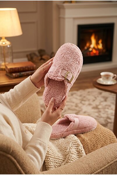 Relaxa Kadın Antik Tokalı Peluş Ev Terliği, Yumuşak Kürklü,Yumuşak Tabanlı, S...