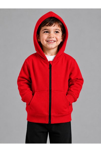 KİDSPİTİRCİK Unisex Children's Red 100% Cotton Cardigan 3-Yarn Non-Wefted Fabric (4-Season)