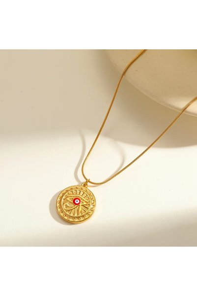 Peach Jewelry Μενταγιόν Κυκλικό Μάτι Κόκκινο Αιγυπτιακού Τύπου Ανοξείδωτο Ατσ...