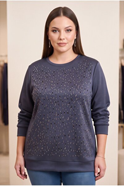 RMG Stone Detailed Large Size Modal Knitted Sweatshirt Navy Blue